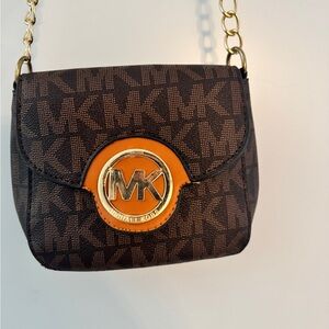 Michael Kors Monogram Crossbody Bag with Gold Accents